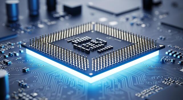 un central Procesando unidad UPC pastilla brillante con azul ligero en un circuito tablero foto