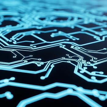 Abstract closeup of a glowing blue circuit board pattern with intricate lines and nodes on a dark background photo