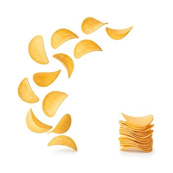 Crispy potato chips arranged in a flowing curve with a neat stack photo