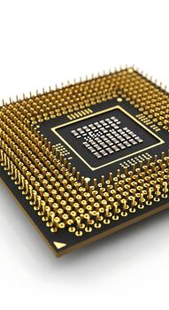 Closeup of a golden computer processor chip with numerous pins, showcasing intricate electronic components and advanced technology on a white background photo