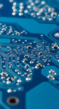 Closeup of a blue circuit board with intricate pathways and tiny components, showcasing the complexity of modern electronics and technology photo