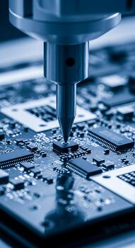 Automated robotic arm precisely placing a component onto a complex electronic circuit board during manufacturing photo