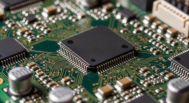 Detailed macro view of a complex electronic circuit board with a prominent black central processor chip and various components photo