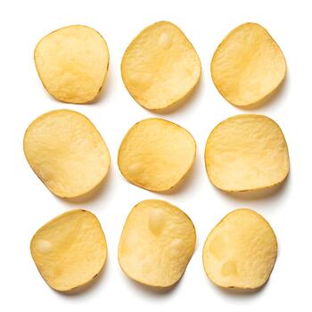 Nine perfectly round, thin potato chips arranged in a grid pattern on a clean white background, showcasing their simple form photo