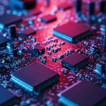 Closeup of a complex electronic circuit board with multiple microchips and intricate pathways, illuminated by vibrant red and blue lights photo