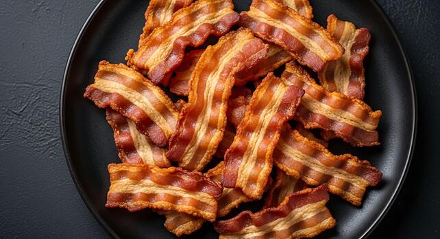 A plate of perfectly cooked bacon strips, crispy and savory with a satisfying chew, ideal for breakfast or as a flavorful addition photo