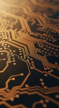Closeup view of a complex golden circuit board with intricate pathways and connections, showcasing advanced technology and electronic engineering photo