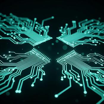 Abstract glowing circuit board pattern with teal lines on a dark background, representing technology and data photo