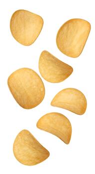 Several individual potato chips arranged in a dynamic pattern against a clean white background, emphasizing their shape photo