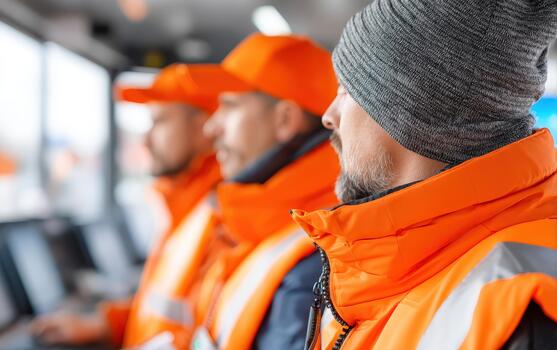 trabajadores en industrial ajuste atención en su Tareas mientras vistiendo brillante naranja la seguridad engranaje. fábrica ambiente vitrinas dedicado personal comprometido a la seguridad y eficiencia foto