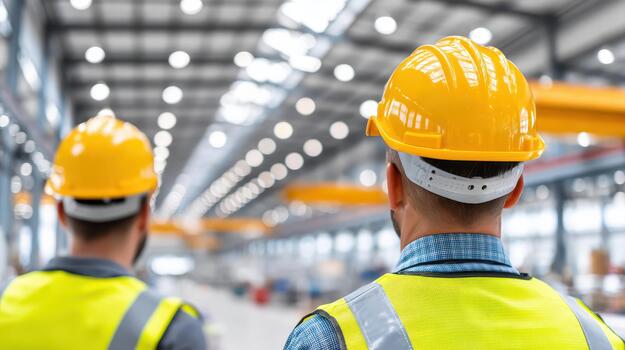 Factory workers in industrial setting showcase dedicated workforce. Their yellow helmets reflect safety and teamwork as they focus on tasks in well lit environment photo