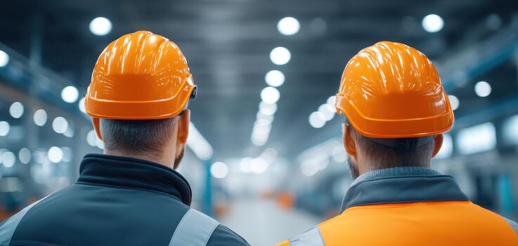 Factory workers in industrial setting showcase dedicated workforce. Their orange helmets symbolize safety and teamwork as they focus on their tasks in well lit environment photo