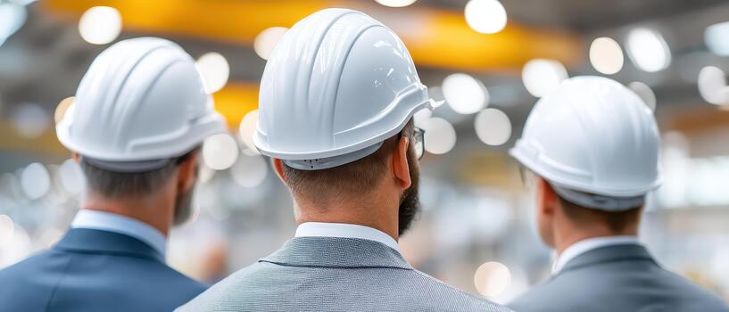 fábrica trabajadores en industrial ajustes a menudo escaparate dedicado personal. su compromiso a la seguridad es evidente como ellos vestir difícil sombreros mientras observando operaciones foto