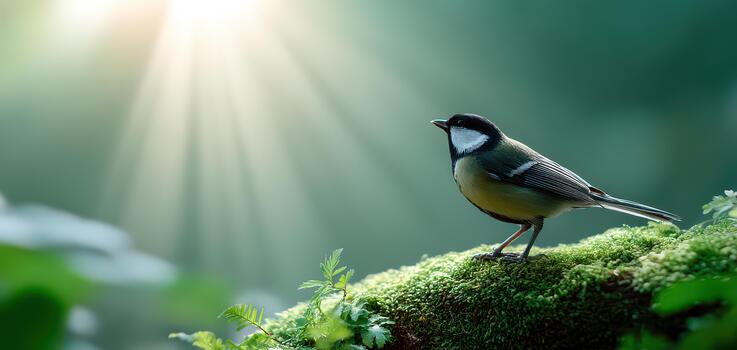 Beautiful bird stands on mossy log in big garden, surrounded by lush greenery, as sunlight filters through trees, creating serene atmosphere perfect for birdwatching photo
