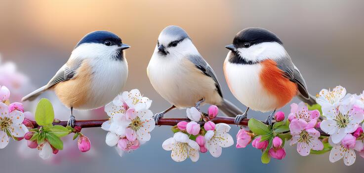 Beautiful birds perched on branch adorned with pink flowers create serene scene in big garden, perfect for birdwatching enthusiasts photo