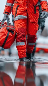 rescate trabajadores en brillante naranja trajes navegar mediante aguas iluminadas, exhibiendo su compromiso durante natural desastre respuesta. su determinación Destacar importancia de la seguridad y trabajo en equipo foto