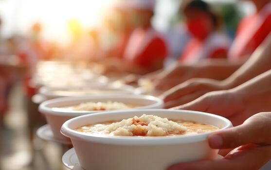 Volunteers serve warm food bowls during community event, showcasing compassion and unity response to natural disaster. This act of kindness highlights importance of support during challenging photo
