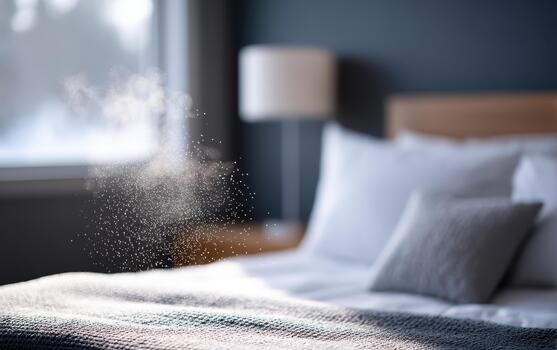 Dust particles float in air of cozy bedroom, highlighting presence of dust mites which can trigger allergies and asthma. serene atmosphere invites relaxation and comfort photo