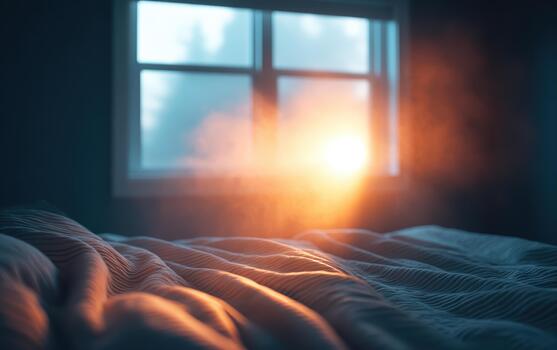 Serene bedroom scene captures soft sunlight filtering through window, illuminating cozy bed. Dust particles dance warm light, reminding us of allergens like dust mites that can trigger allergies photo