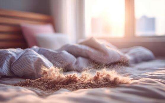 Dust mites can trigger allergies and asthma, making it essential to maintain clean environment. This captures beauty of sunlight filtering through window, highlighting dust particles cozy bedroom photo