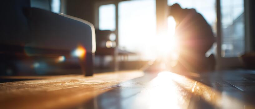 Person kneels on wooden floor in sunlit room, creating serene atmosphere. Dust particles float in sunlight, highlighting presence of dust mites which can trigger allergies and asthma photo