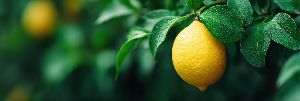 Fresco orgánico limón colgando en árbol rama rodeado por vibrante verde hojas crea sereno granja atmósfera. Rocío en hojas agrega refrescante toque a esta natural escena foto