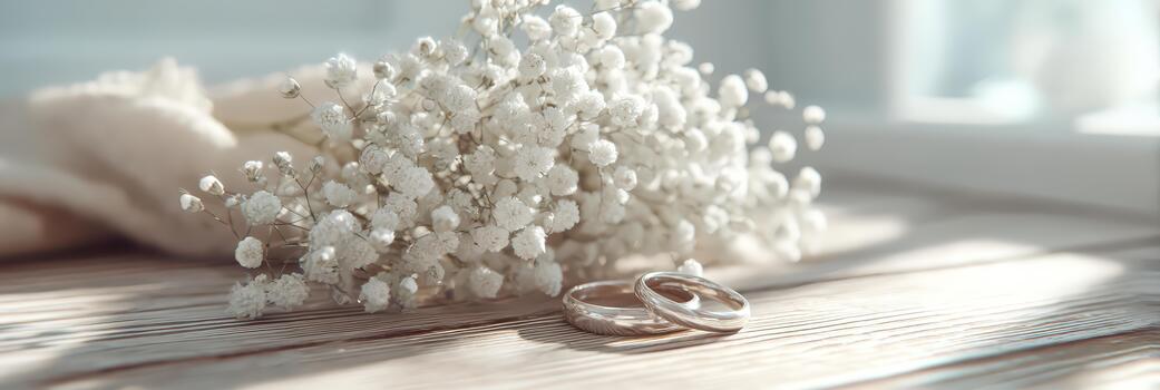 elegante Boda anillos descanso junto a delicado ramo de flores de blanco flores, capturar esencia de amor y compromiso en sereno ajuste lleno con suave ligero foto