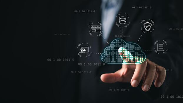 businessman touch with a glowing digital cloud icon connected to data and security symbols, cloud computing, digital infrastructure, cybersecurity, data storage, and enterprise technology systems. photo