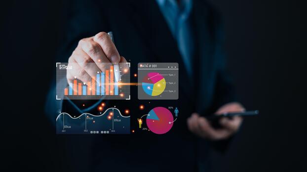A business professional interacts with a digital interface displaying charts, graphs, and data visualizations, symbolizing digital insights, marketing strategies, and dashboard tools for the analyst. photo