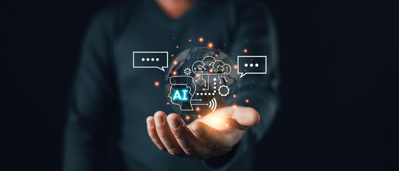 person show in hand digital globe with chatbot icons, speech bubbles, and chat with ai elements, representing intelligent virtual assistants, global communication, and artificial intelligence. photo