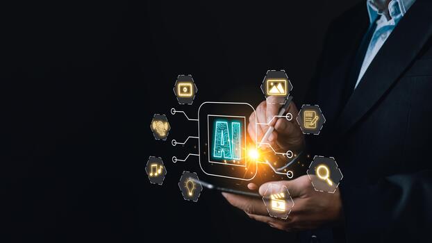 A business professional holds a glowing AI interface by icons for media, search, and documents, symbolizing AI driven marketing, content creation, and innovative digital automation solutions. photo