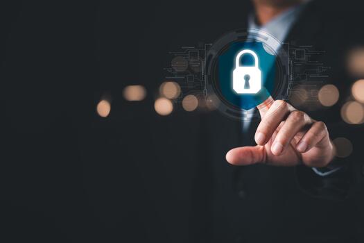 businessman touch a glowing padlock icon on a virtual interface, symbol cybersecurity, digital protection, secure access, encryption technology, and data privacy in a modern connected environment. photo