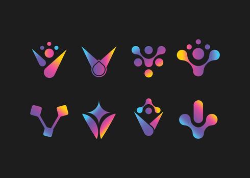 Vibrant abstract V tech logo set with gradient colors on dark background vector
