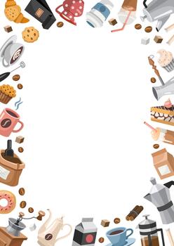 Coffee rectangular, frame, copy space, vertical template. Hand drawn cartoon Style design with different Coffee Theme objects. vector