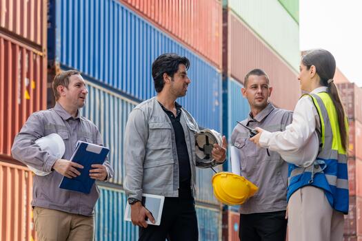 Workers in Hard Hats Discussing Cargo Management and Inventory Check, Diverse Team of Engineers Inspecting Shipping Containers and Planning Logistics at Port Terminal photo