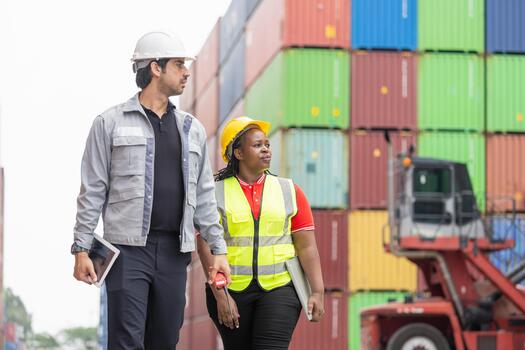 Diverse Logistics Managers Inspecting Cargo Containers in Shipping Yard, Industrial Engineers Checking Freight and Inventory at Port, Workers in Hard Hats Talking and Walking at Container Terminal photo