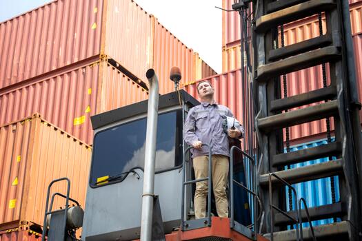 Industrial Worker or Foreman Standing on Stacker Crane in Container Yard, Engineer in Hard Hat Working at Shipping Terminal, Logistic Manager Inspecting Cargo Operation with Tall Stacks of Containers photo