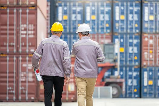 Engineer and Manager Walking Through Shipping Container Yard, Workers Team Inspecting Cargo Port Terminal, Foreman in Hard Hats Working in Logistics Industry photo