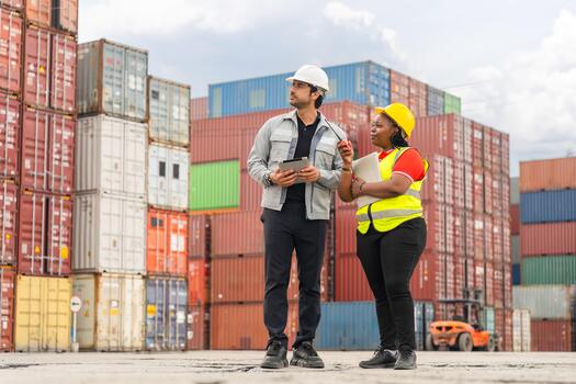 Diverse Logistics Professionals Discussing Cargo Inventory and Site Management at Port Terminal, Engineers Collaborating on Operations Plan in Front of Stacked Shipping Containers photo