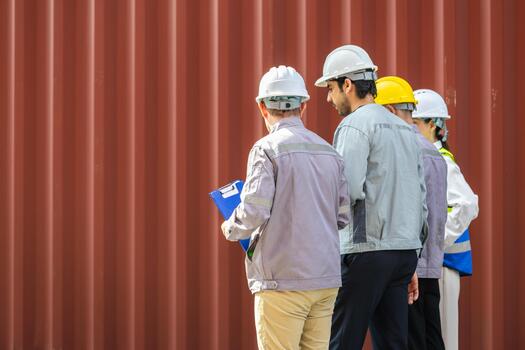 Diverse industrial team of engineers and foremen inspecting a shipping container at the port, Group of workers with hardhats discussing logistics near cargo containers photo