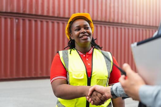 Worker and supervisor greeting and collaborating at freight terminal, Engineer and dock worker shaking hands at cargo container, Smiling industrial professionals building partnership at shipping port photo