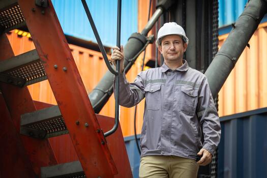 Caucasian foreman or engineer at a large shipping container yard, Industrial worker standing on metal stairs at a busy logistics port, Dock worker in uniform and hardhat supervising cargo operations photo