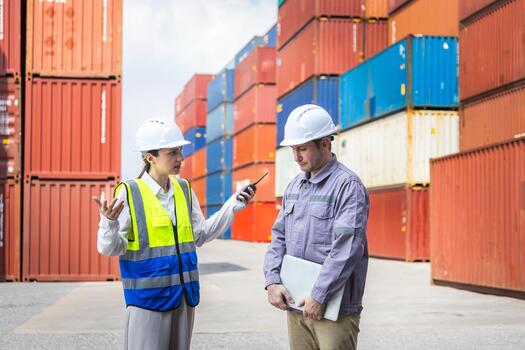 Logistics Problem Solving, Two Diverse Workers Discussing Cargo Shipment Issues at Terminal, Serious Discussion in Industrial Environment, Staff Managing Operation Near Stacked Containers photo