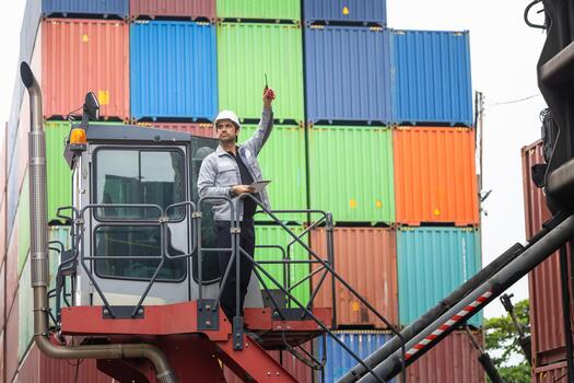 Engineer on crane operating machine at container port, Foreman giving instruction on a walkie-talkie while checking inventory at shipping yard, Worker in hardhat supervising cargo stacking photo