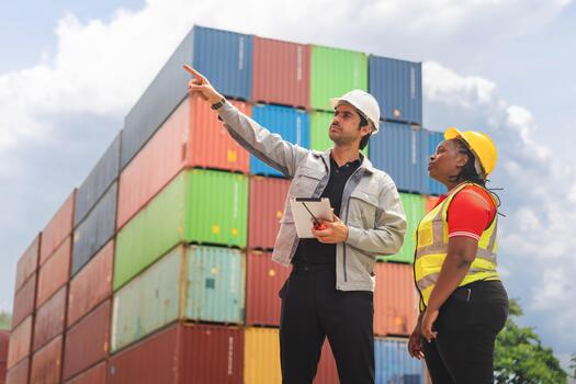 Engineers Collaborating on Operations Plan in Front of Stacked Shipping Containers, Diverse Logistics Professionals Discussing Cargo Inventory and Site Management at Port Terminal photo