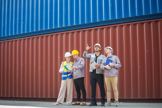 Diverse team of logistics engineers or foremen inspecting cargo inventory at a busy shipping port, Professional shipping team discussing workflow and safety plan at container terminal photo