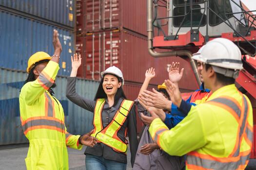 Diverse Logistics Team Celebrating Success with High Five and Cheers at Cargo Port, Team of Foreman and Manager Showing Unity and Achievement in Distribution Center photo
