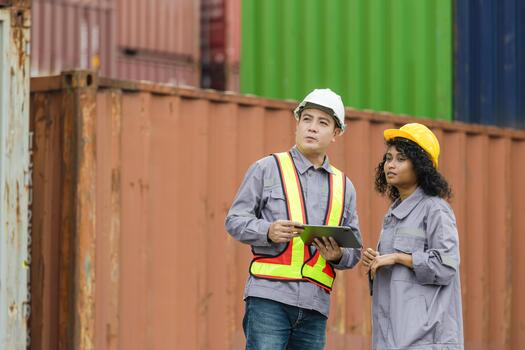 Workers Inspecting Cargo Container and Supply Chain Management, Logistics Engineers Team Using Digital Tablet for Inventory Check at Shipping Port photo