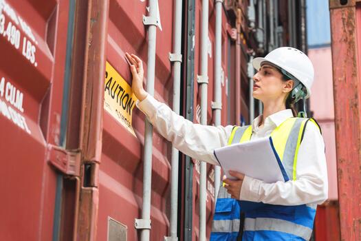 Female Engineer Inspecting Cargo Container with Caution Sign at Port Terminal, Woman Worker Examining and Checking Inventory Documentation Shipping Box Exterior photo