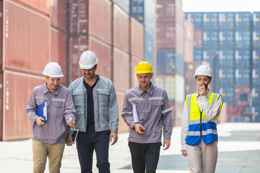 Diverse Logistics Team Walking and Inspecting Container Yard, Industrial Managers Communicating During Cargo Port Check, Engineers in Hard Hats Working Together to Supervise Shipping Operation photo